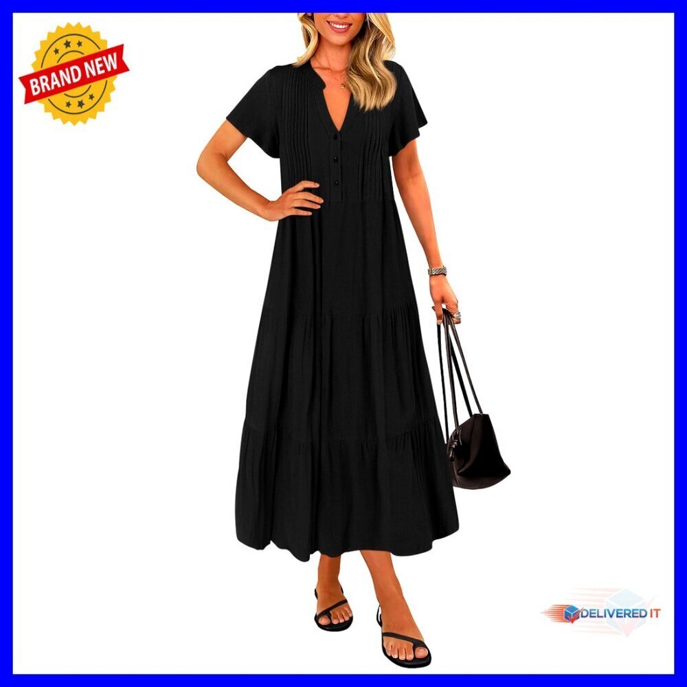 Summer Maxi Dress Short Sleeve Button V Neck Pleated Loose Tiered Swing Flowy